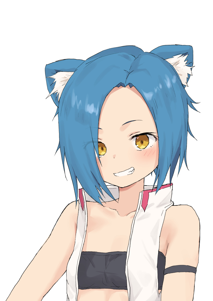 1girl absurdres animal_ear_fluff animal_ears bandeau bangs bare_shoulders black_bandeau blue_hair breasts brown_eyes collarbone dog_ears eyebrows_visible_through_hair eyes_visible_through_hair grin hair_over_one_eye highres hinata_channel inugami_kokage jacket looking_at_viewer open_clothes open_jacket short_hair simple_background skindentation sleeveless sleeveless_jacket small_breasts smile solo upper_body virtual_youtuber white_background white_jacket yakihebi