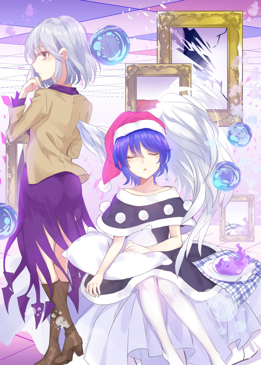 2girls angel_wings ass beige_jacket blue_eyes blush boots closed_eyes doremy_sweet dream_soul dress eyebrows_visible_through_hair feathered_wings finger_to_mouth hair_between_eyes hat highres kanta_(pixiv9296614) kishin_sagume knife long_sleeves multiple_girls pillow plate pom_pom_(clothes) purple_dress red_eyes santa_hat short_hair silver_hair single_wing spoon touhou white_legwear wings