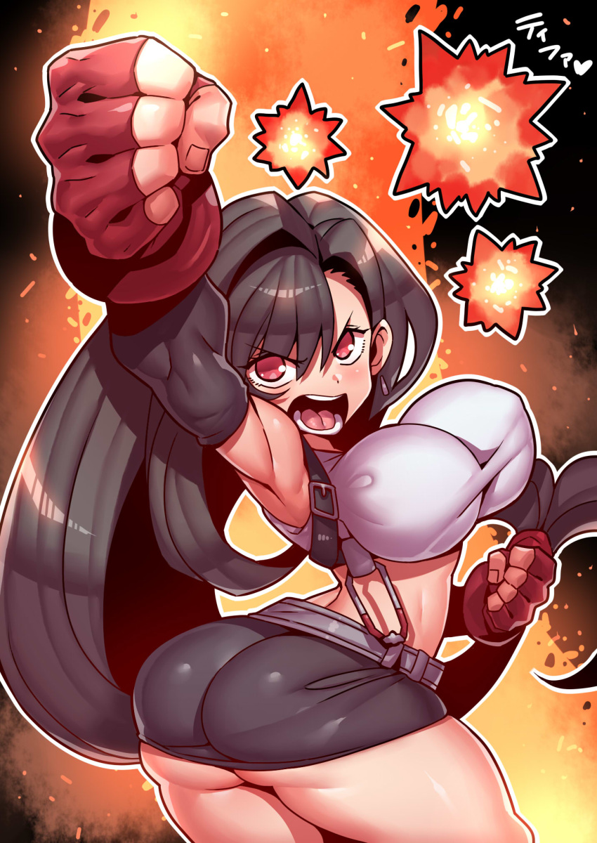 1girl ass black_hair breasts eyebrows_visible_through_hair final_fantasy final_fantasy_vii fingerless_gloves glaring gloves highres large_breasts long_hair looking_at_viewer open_mouth red_eyes red_gloves skirt solo tank_top tifa_lockhart tukiwani very_long_hair white_tank_top