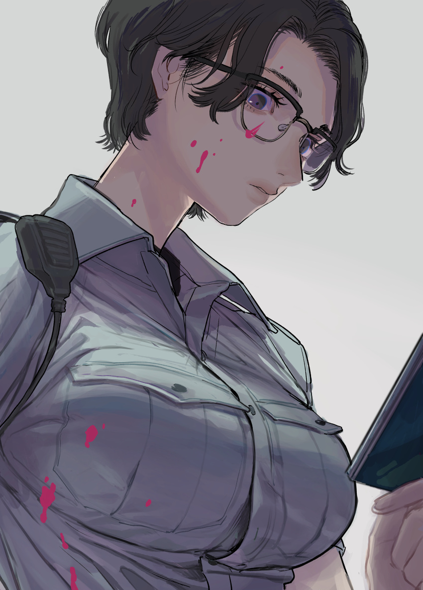 1girl absurdres blood blood_on_clothes blood_on_face breasts brown_hair closed_mouth collared_shirt commentary glasses grey_background highres holding huge_filesize katsuoboshi large_breasts original shirt short_hair simple_background solo violet_eyes walkie-talkie