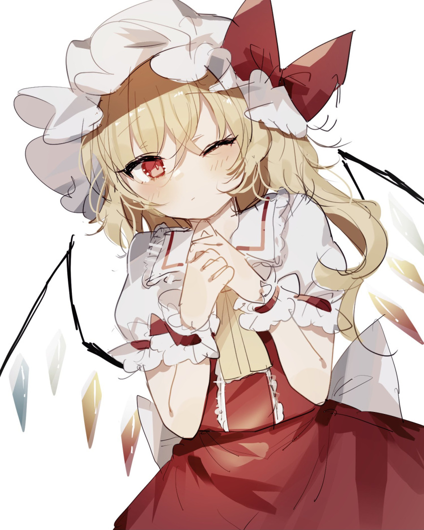 1girl ascot bangs blonde_hair bow closed_mouth cowboy_shot crystal eyebrows_visible_through_hair flandre_scarlet hair_between_eyes hat hat_bow highres looking_at_viewer mob_cap one_eye_closed one_side_up own_hands_together petticoat puffy_short_sleeves puffy_sleeves rainbow_order red_bow red_eyes red_shirt red_skirt shirt short_sleeves simple_background skirt solo sorani_(kaeru0768) standing touhou white_background white_headwear wrist_cuffs yellow_neckwear
