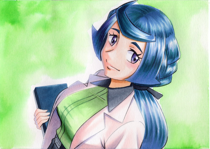 1girl belt belt_buckle black_belt black_skirt blue_hair breasts buckle chrysa_(pokemon) closed_mouth collared_shirt commentary_request eyelashes green_background green_shirt hair_ribbon highres holding labcoat long_hair oka_mochi pokemon pokemon_(anime) pokemon_swsh_(anime) ribbon shirt skirt smile solo split_mouth tied_hair traditional_media upper_body