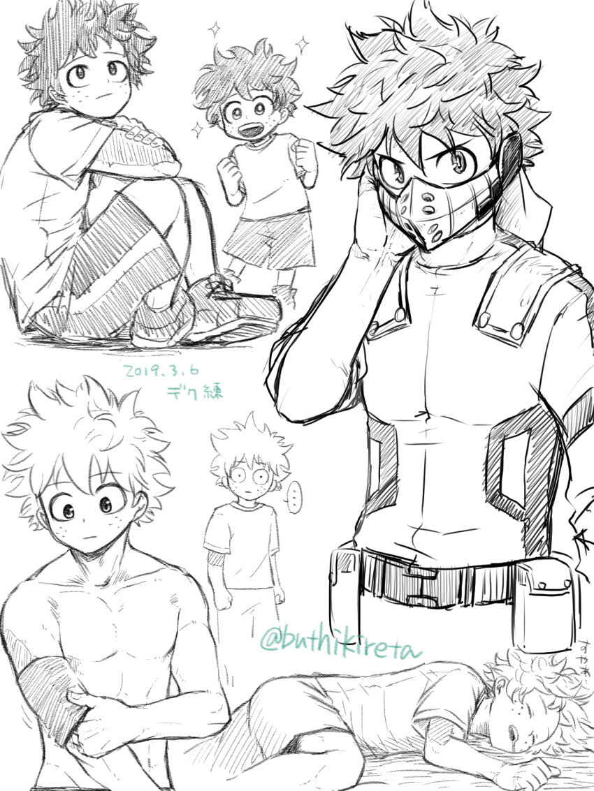 ... 1boy bangs bodysuit boku_no_hero_academia buthikireta child collarbone commentary_request dated greyscale highres lying male_focus mask messy_hair midoriya_izuku monochrome mouth_mask multiple_views on_stomach open_mouth pants scar scar_on_arm shirt shirtless shorts sitting sleeping sparkle sparkling_eyes spoken_ellipsis translation_request younger