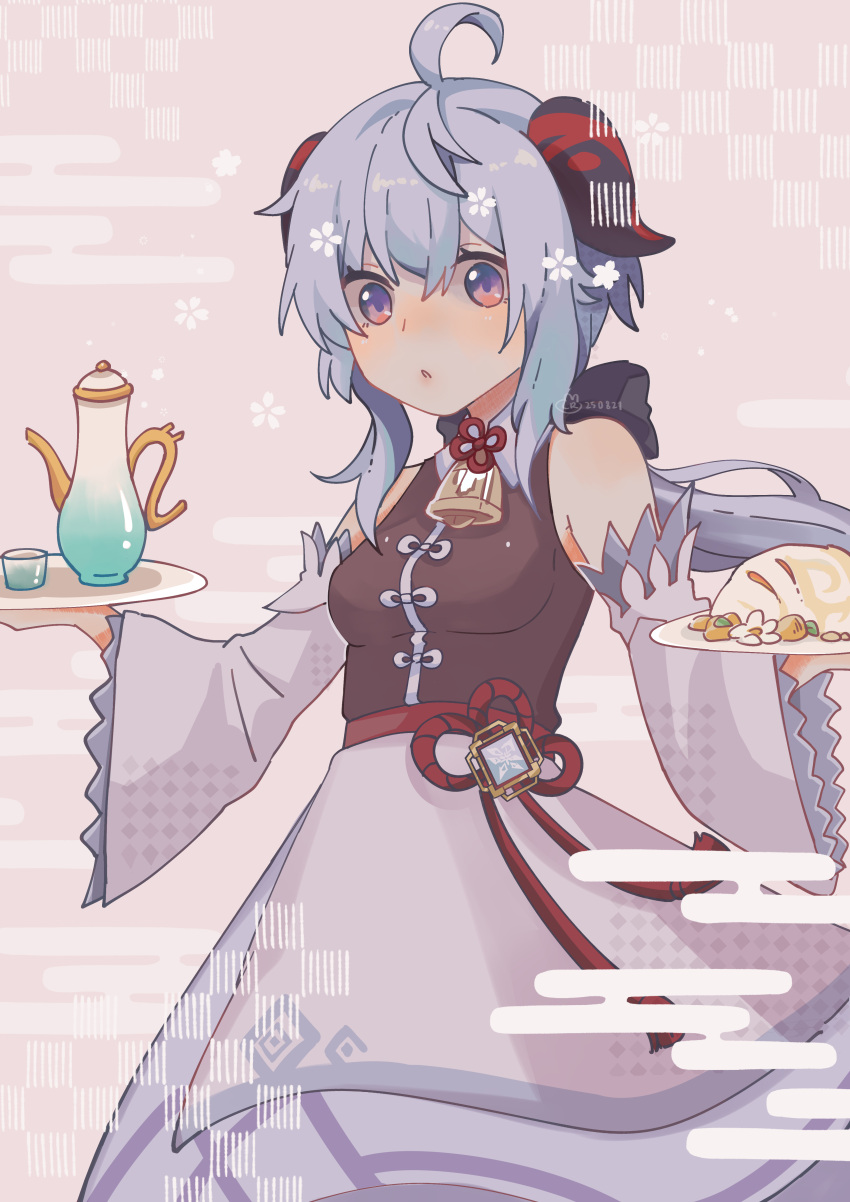 1girl absurdres ahoge alternate_costume bangs bare_shoulders bell blue_hair blush breasts commentary_request cup detached_sleeves drinking_glass food ganyu_(genshin_impact) genshin_impact highres holding holding_tray horns long_hair looking_at_viewer medium_breasts neck_bell ryere sidelocks tray violet_eyes vision_(genshin_impact)