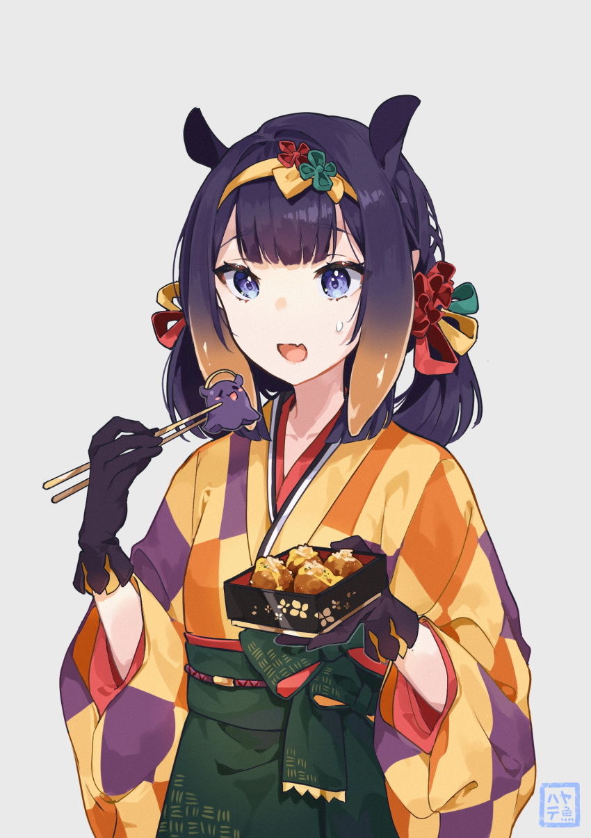 1girl absurdres bangs black_gloves blue_eyes blunt_bangs chopsticks food gloves grey_background hair_ornament hairband hayate_fish highres hololive hololive_english japanese_clothes kimono ninomae_ina'nis open_mouth purple_hair simple_background solo tako_(ninomae_ina'nis) takoyaki tentacle_hair virtual_youtuber