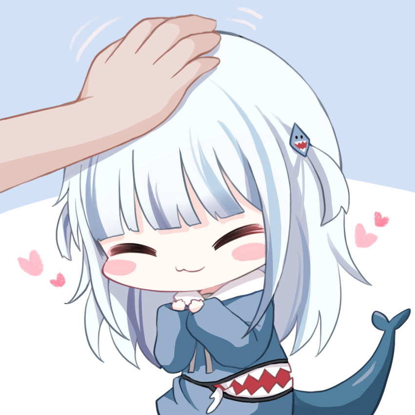1girl :3 ^_^ bangs blue_background blue_hair blue_hoodie blush_stickers closed_eyes closed_mouth commentary drawstring fish_tail gawr_gura grey_hair hair_ornament headpat heart highres hololive hololive_english honyang hood hood_down hoodie long_hair long_sleeves motion_lines multicolored_hair puffy_long_sleeves puffy_sleeves shark_tail sleeves_past_wrists solo_focus streaked_hair tail two-tone_background two_side_up virtual_youtuber white_background