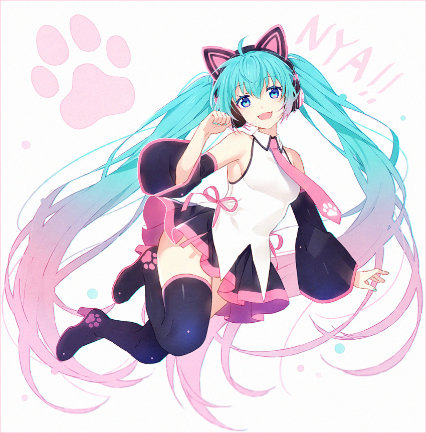 1girl :d animal_ears aqua_hair bare_shoulders black_footwear black_legwear black_skirt black_sleeves blue_eyes boots breasts cat_ear_headphones cat_ears collared_shirt commentary detached_sleeves fake_animal_ears full_body gradient_hair hakusai_(tiahszld) hand_up hatsune_miku headphones high_heel_boots high_heels long_hair long_sleeves looking_at_viewer multicolored_hair open_mouth pink_hair pink_neckwear pleated_skirt romaji_text shirt skirt sleeveless sleeveless_shirt small_breasts smile solo symbol-only_commentary thigh-highs thigh_boots twintails very_long_hair vocaloid white_background white_shirt wide_sleeves