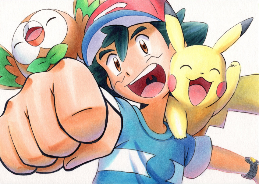 1boy ash_ketchum bangs baseball_cap blue_shirt bracelet brown_eyes clenched_hand commentary_request green_hair hat highres jewelry male_focus oka_mochi on_shoulder open_mouth pikachu pokemon pokemon_(anime) pokemon_(creature) pokemon_on_shoulder pokemon_sm_(anime) red_headwear rowlet shirt short_hair short_sleeves smile striped striped_shirt t-shirt tongue traditional_media upper_teeth white_background z-ring