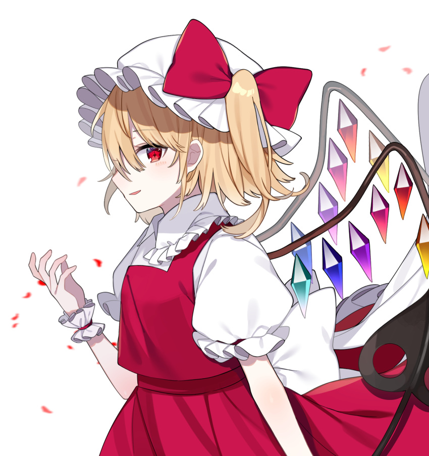 1girl blonde_hair blush bow collared_shirt commentary_request cowboy_shot crystal eyebrows_visible_through_hair flandre_scarlet frilled_shirt_collar frilled_skirt frills from_side hand_up hat highres laevatein_(touhou) looking_at_viewer mob_cap one_side_up petals puffy_short_sleeves puffy_sleeves red_bow red_eyes red_skirt red_vest rose_petals sash shirt short_sleeves simple_background skirt skirt_set solo star-shaped_pupils star_(symbol) symbol-shaped_pupils touhou vest white_background white_headwear white_sash white_shirt wings wrist_cuffs yurui_tuhu