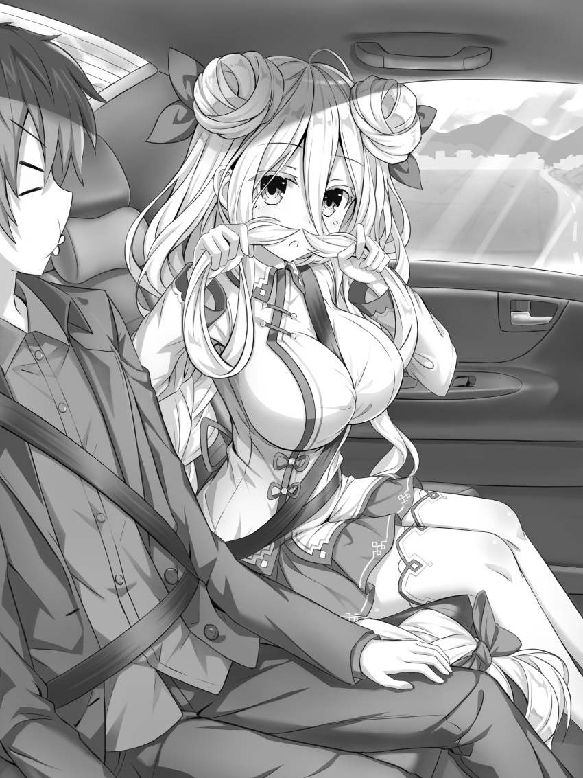 &gt;_&lt; 1boy 1girl absurdres black_legwear blonde_hair blue_hair blue_ribbon breasts car_interior commentary_request date_a_live day double_bun eyebrows_visible_through_hair greyscale hair_between_eyes hair_ornament hair_ribbon highres hoshimiya_mukuro itsuka_shidou large_breasts long_hair looking_at_viewer monochrome open_mouth playing_with_own_hair purple_shirt ribbon seatbelt shirt skirt thigh-highs tsubasaki twitter_username very_long_hair white_legwear yellow_eyes