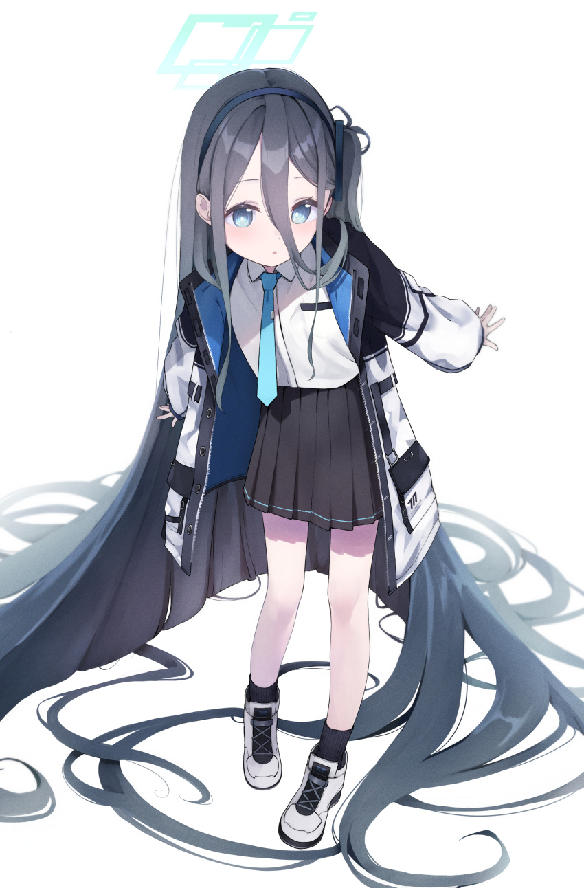 1girl absurdres arisu_(blue_archive) bangs black_hair black_skirt blue_archive blue_eyes blue_neckwear collared_shirt full_body hair_between_eyes highres long_hair long_sleeves necktie pleated_skirt shirt shiwa_(siwaa0419) shoes simple_background skirt sleeves_past_wrists solo very_long_hair white_background white_footwear white_shirt