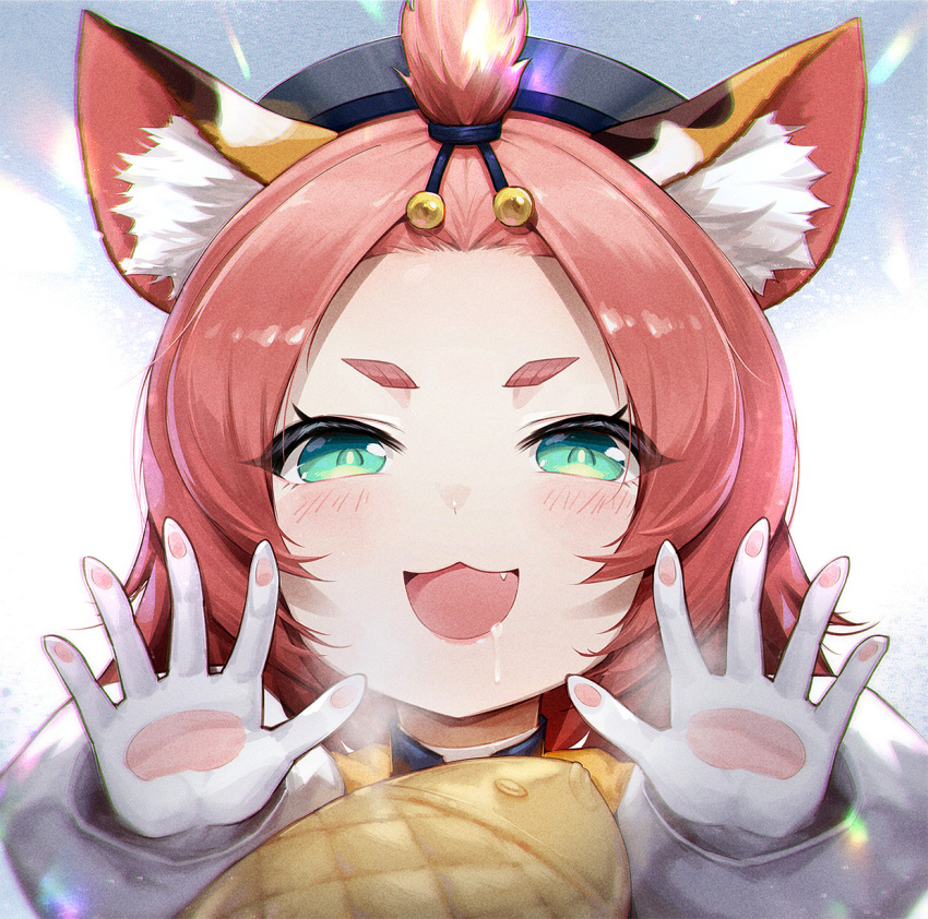 1girl :3 animal_ears bangs_pinned_back cat_ears diona_(genshin_impact) drooling fang food genshin_impact gloves green_eyes hat highres open_mouth pastry pink_hair portrait ring_(1079882045) short_hair solo taiyaki wagashi