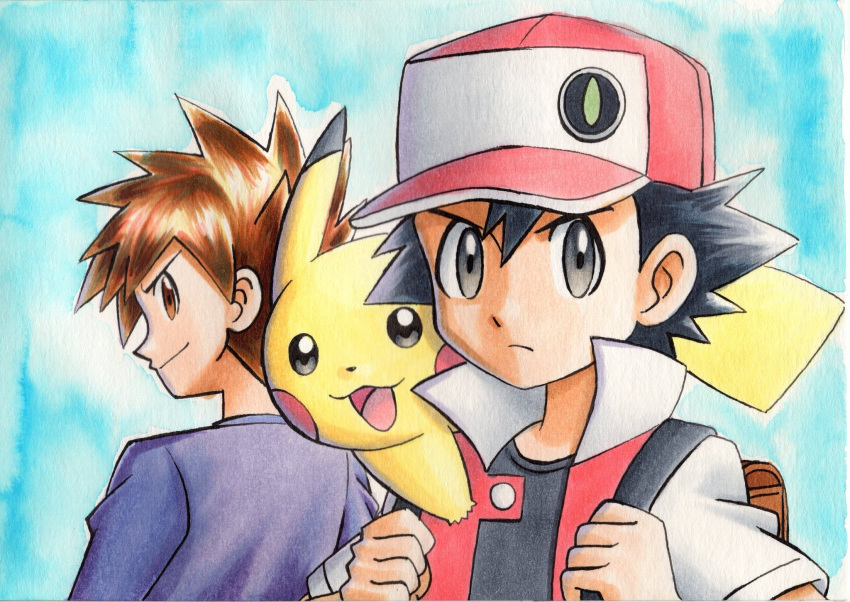 2boys backpack bag bangs baseball_cap black_hair black_shirt blue_background blue_oak brown_bag brown_eyes brown_hair closed_mouth commentary_request hands_up hat highres holding_strap jacket looking_at_viewer looking_back male_focus multiple_boys oka_mochi on_shoulder pikachu pokemon pokemon_(creature) pokemon_(game) pokemon_on_shoulder pokemon_rgby purple_shirt red_(pokemon) red_jacket shirt short_hair short_sleeves smile spiky_hair traditional_media