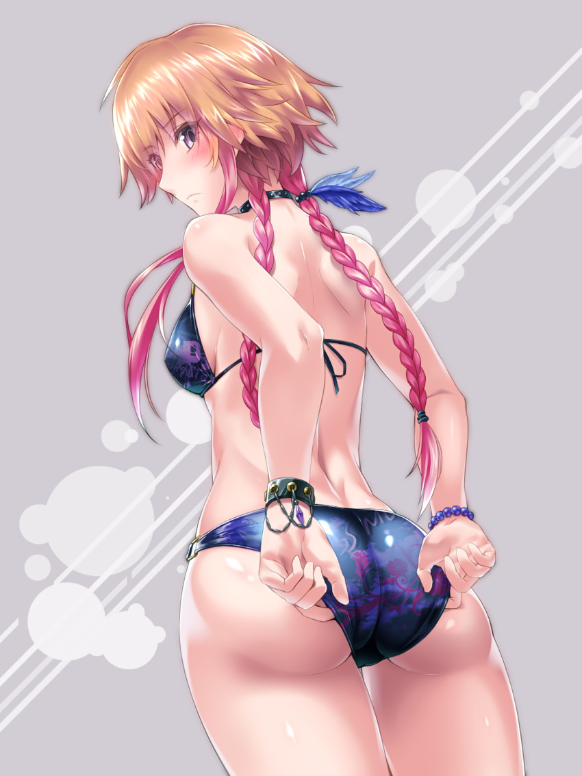 1girl adjusting_clothes adjusting_swimsuit arms_behind_back ass bikini blonde_hair blush bracelet breasts dimples_of_venus grey_background highres idolmaster idolmaster_cinderella_girls jewelry kokutou looking_at_viewer multicolored_hair ninomiya_asuka pink_hair small_breasts solo swimsuit twintails violet_eyes