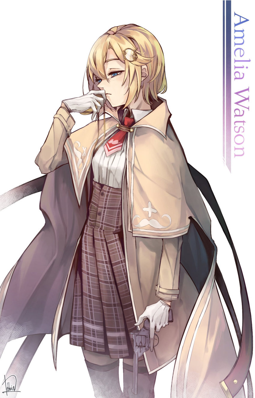 1girl bangs blonde_hair blue_eyes debbie_(user_uapu3455) detective gloves gun hair_ornament highres holding hololive hololive_alternative hololive_english long_sleeves monocle_hair_ornament necktie pocket_watch revolver shirt skirt solo thigh-highs virtual_youtuber watch watson_amelia weapon white_shirt