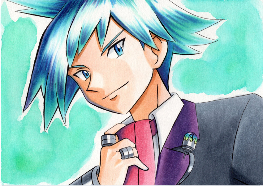 1boy adjusting_neckwear bangs black_jacket blue_eyes blue_hair closed_mouth collared_shirt commentary_request green_background grey_jacket highres jacket jewelry male_focus necktie oka_mochi pokemon pokemon_(game) pokemon_oras ring shirt short_hair smile solo spiky_hair steven_stone traditional_media upper_body white_shirt