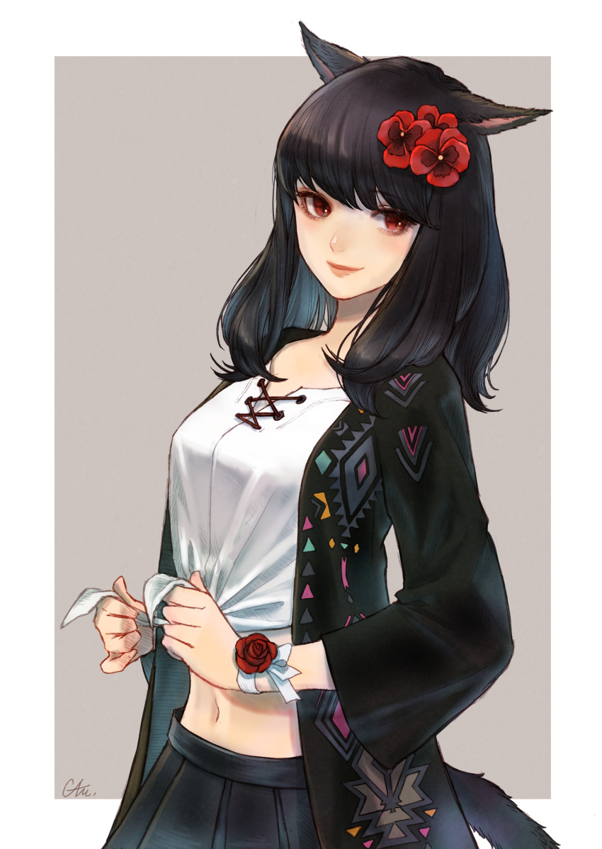 1girl absurdres bangs black_hair black_jacket black_skirt cam_(cammero95713700) cat_tail final_fantasy final_fantasy_xiv flower hair_flower hair_ornament hibiscus highres jacket long_sleeves looking_to_the_side medium_hair midriff miqo'te navel red_eyes ribbon shirt simple_background skirt slit_pupils smile solo tail tied_shirt tying white_shirt wide_sleeves