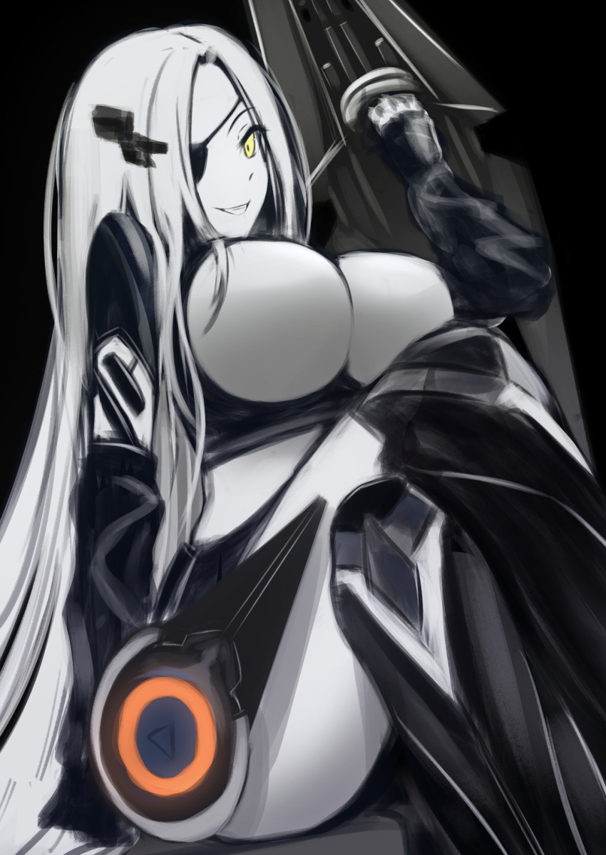 1girl alchemist_(girls'_frontline) alternate_costume bangs black_background black_eyepatch black_jacket breasts crossed_legs eyebrows_visible_through_hair eyepatch from_below girls_frontline hand_on_floor highres holding holding_weapon jacket large_breasts lodbyy long_hair looking_at_viewer silver_hair sitting smile smirk solo weapon white_hair yellow_eyes