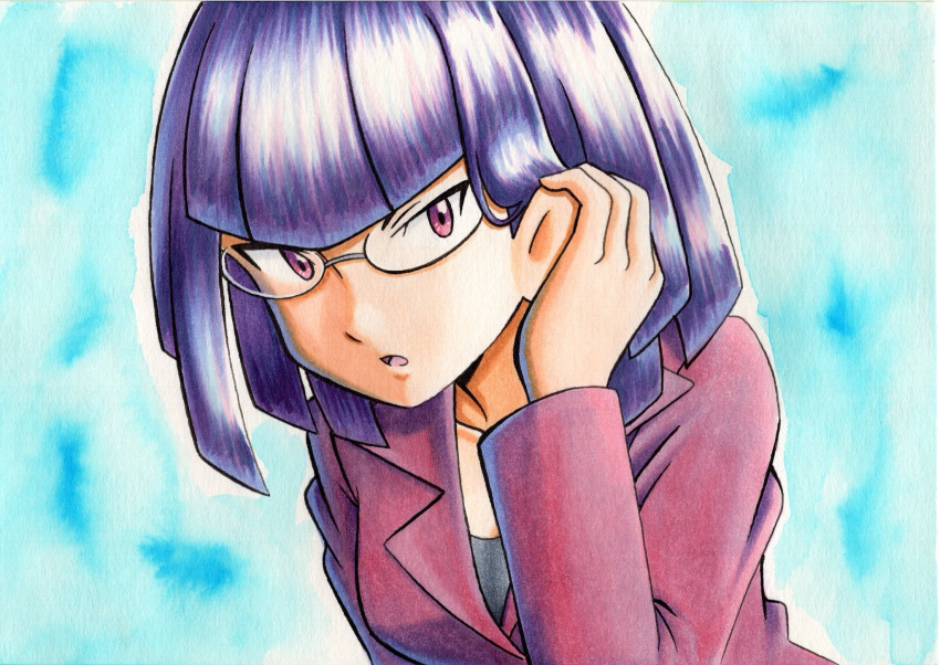1girl adjusting_hair bangs black_shirt blue_background blunt_bangs collarbone commentary_request glasses hair_behind_ear hand_up highres jacket long_sleeves matori_(pokemon) oka_mochi open_mouth pokemon pokemon_(anime) pokemon_xy_(anime) purple_hair purple_jacket shiny shiny_hair shirt short_hair solo team_rocket tongue traditional_media violet_eyes