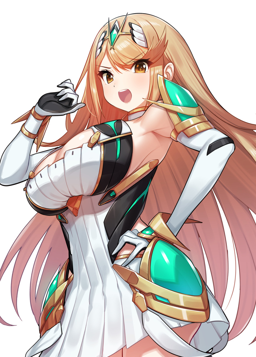 1girl absurdres bangs bare_legs bare_shoulders blonde_hair breasts chest_jewel dress earrings elbow_gloves gloves green322 highres jewelry large_breasts long_hair mythra_(xenoblade) short_dress solo swept_bangs tiara very_long_hair white_dress white_gloves xenoblade_chronicles_(series) xenoblade_chronicles_2 yellow_eyes