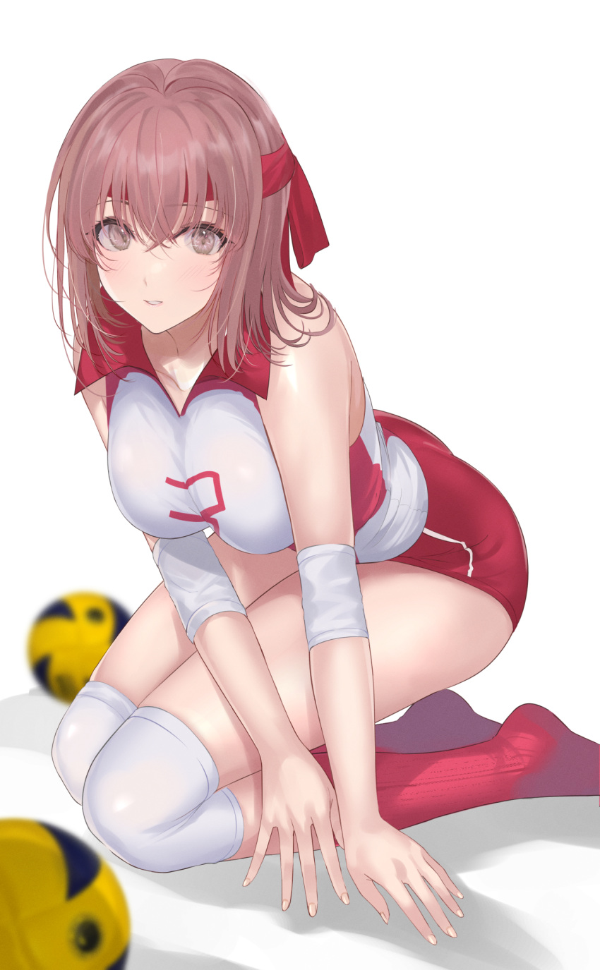 1girl ball breasts brown_hair elbow_sleeve eyebrows_visible_through_hair girls_und_panzer hair_ribbon highres kneeling kondou_taeko large_breasts lips looking_at_viewer mexif over-kneehighs parted_lips red_footwear red_ribbon ribbon short_hair solo sportswear thigh-highs volleyball volleyball_uniform white_legwear