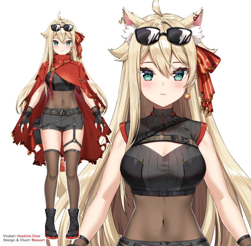 1girl animal_ear_fluff animal_ears artist_name bands black_footwear black_gloves black_shorts blonde_hair blush bodystocking boots breasts cat_ears character_name character_sheet cleavage_cutout cloak clothing_cutout covered_navel earrings eyewear_on_head gloves highres hoshino_char jewelry kemonomimi_mode medium_breasts official_art partially_fingerless_gloves red_cloak rosuuri short_shorts shorts sunglasses thigh-highs thigh_strap tsunderia virtual_youtuber
