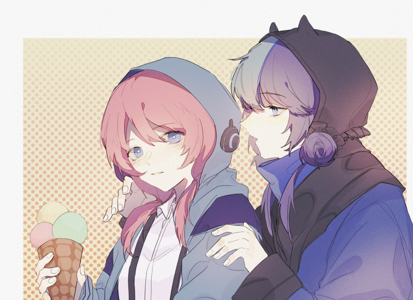 2girls amphro arknights bangs blue_eyes blue_hair blue_poison_(arknights) chinese_commentary commentary_request eyebrows_visible_through_hair food glaucus_(arknights) hand_on_another's_shoulder height_difference highres holding holding_food hood hood_up hooded_jacket ice_cream jacket light_blush low_twintails multicolored_hair multiple_girls parted_lips pink_hair shirt streaked_hair suspenders twintails white_shirt yuri