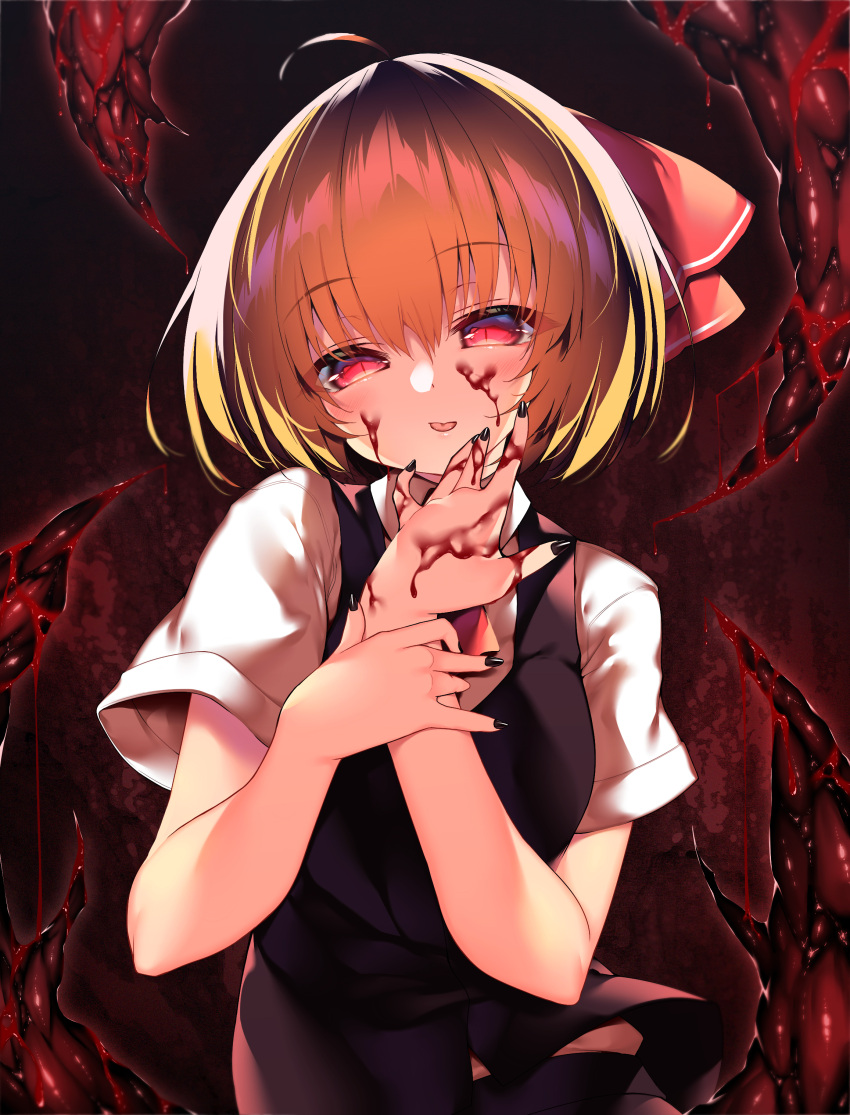 1girl absurdres bangs black_background black_nails black_skirt black_vest blonde_hair blood blood_on_face breasts closed_mouth collar collared_shirt eyebrows_visible_through_hair eyes_visible_through_hair hair_between_eyes hair_ribbon hands_up highres looking_at_viewer medium_breasts necktie orange_hair puffy_short_sleeves puffy_sleeves red_background red_eyes red_neckwear red_ribbon ribbon rumia sakurame shirt short_hair short_sleeves skirt solo tongue tongue_out touhou vest white_shirt white_sleeves