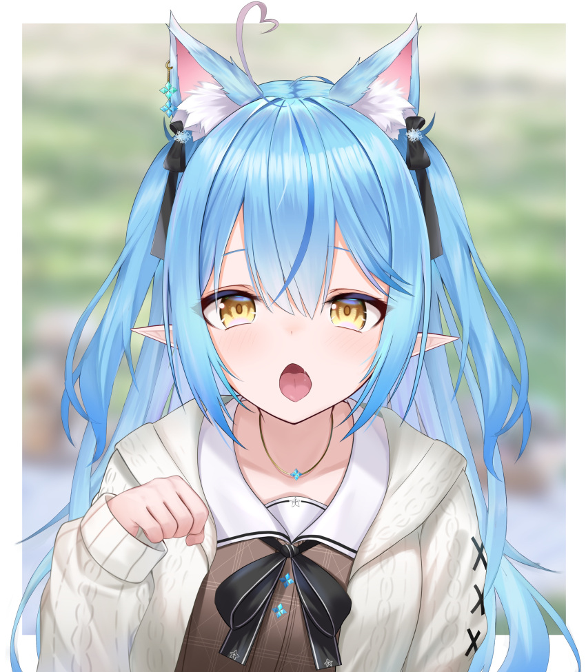1girl absurdres ahoge animal_ears aqua_hair blush border extra_ears hair_between_eyes highres hololive jewelry long_hair looking_at_viewer multicolored_hair official_alternate_costume open_mouth outside_border pendant pointy_ears ribbon saliva sido_(ama_r007) solo streaked_hair upper_body yellow_eyes yukihana_lamy
