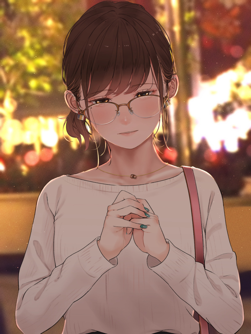 1girl absurdres bag bangs blurry blurry_background blush brown_eyes brown_hair collarbone glasses green_nails highres jewelry long_sleeves nail_polish necklace original outdoors own_hands_together saitou_(lynx-shrike) shirt short_hair shoulder_bag solo swept_bangs upper_body white_shirt