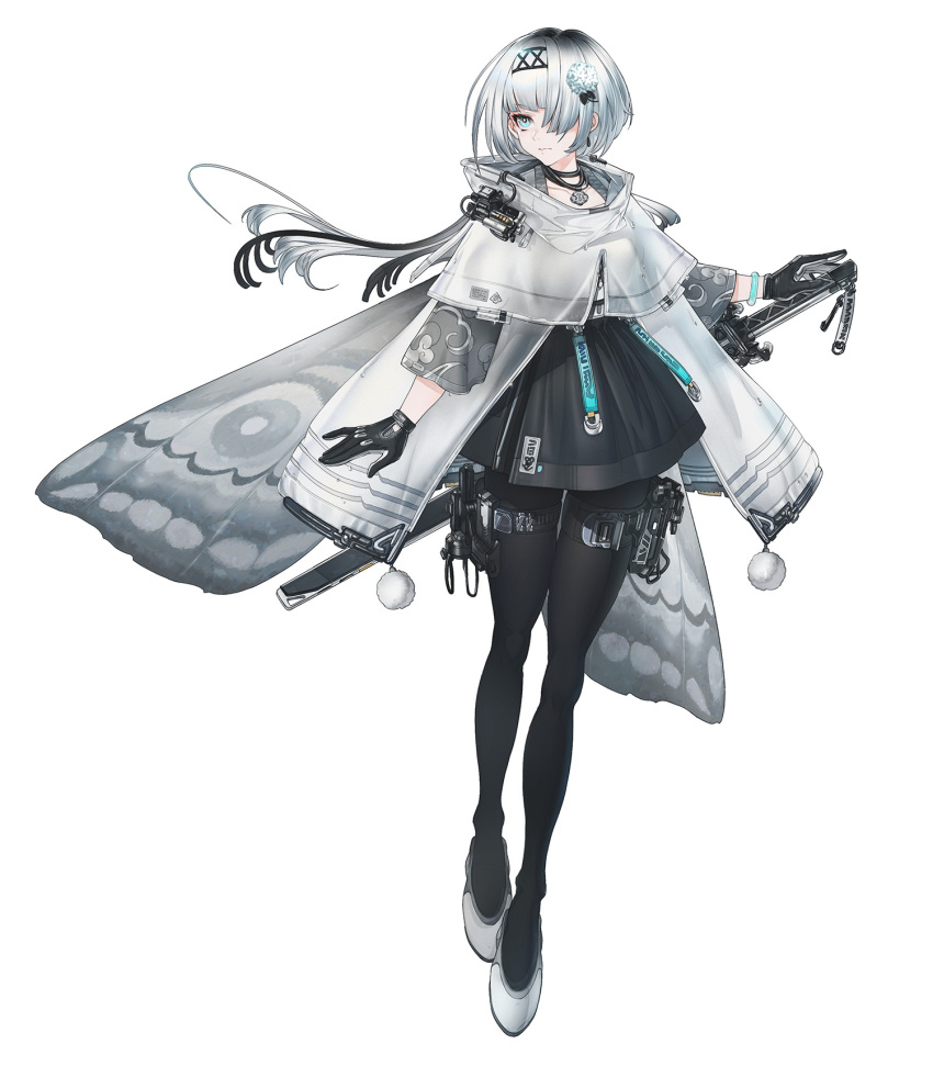 1girl black_gloves butterfly_wings earrings eyebrows_visible_through_hair flower full_body gloves hair_flower hair_ornament hair_over_one_eye hairband highres jewelry looking_to_the_side miv4t necklace original pantyhose poncho sheath sheathed short_hair silver_hair solo sword thigh_strap weapon white_background wings