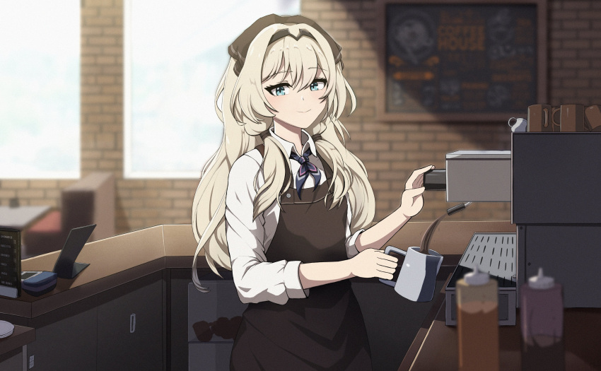 1girl absurdres an-94_(girls'_frontline) apron aqua_eyes bangs bar barista black_apron black_bow blonde_hair bow can closed_mouth closet coffee_maker_(object) coffee_mug coffee_shop collared_shirt commentary couch counter cup day english_commentary eyebrows eyebrows_visible_through_hair girls_frontline hair_bow hair_ornament hair_over_shoulder hairband highres holding holding_cup indoors long_hair looking_at_viewer low_twintails menu menu_board mug neckwear sauce shirt sidelocks sleeves_rolled_up smile solo standing table twintails waistcoat white_shirt window yan_kodiac