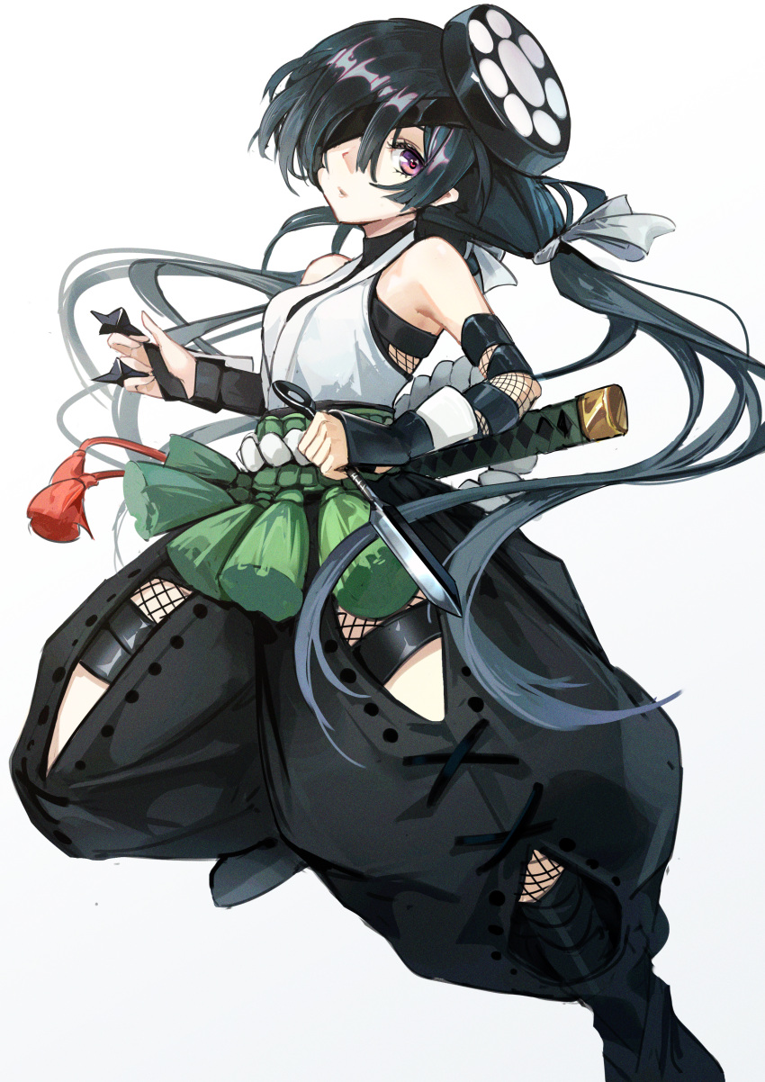 1girl absurdres black_hair breasts eyepatch fate/grand_order fate_(series) highres holding holding_shuriken holding_weapon japanese_clothes kunai long_hair low_twintails mochizuki_chiyome_(fate) rope shimenawa shuriken small_breasts solo twintails very_long_hair violet_eyes weapon zuihou_de_miao_pa_si