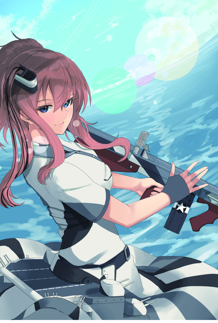 1girl bangs blue_eyes breast_pocket breasts brown_hair clouds day dress fingerless_gloves gloves hair_between_eyes hair_ornament highres hira_(hinakomochi) holding kantai_collection long_hair looking_at_viewer multicolored multicolored_clothes multicolored_dress ocean outdoors pocket ponytail remodel_(kantai_collection) rigging saratoga_(kancolle) short_sleeves single_glove sky smile smokestack_hair_ornament solo