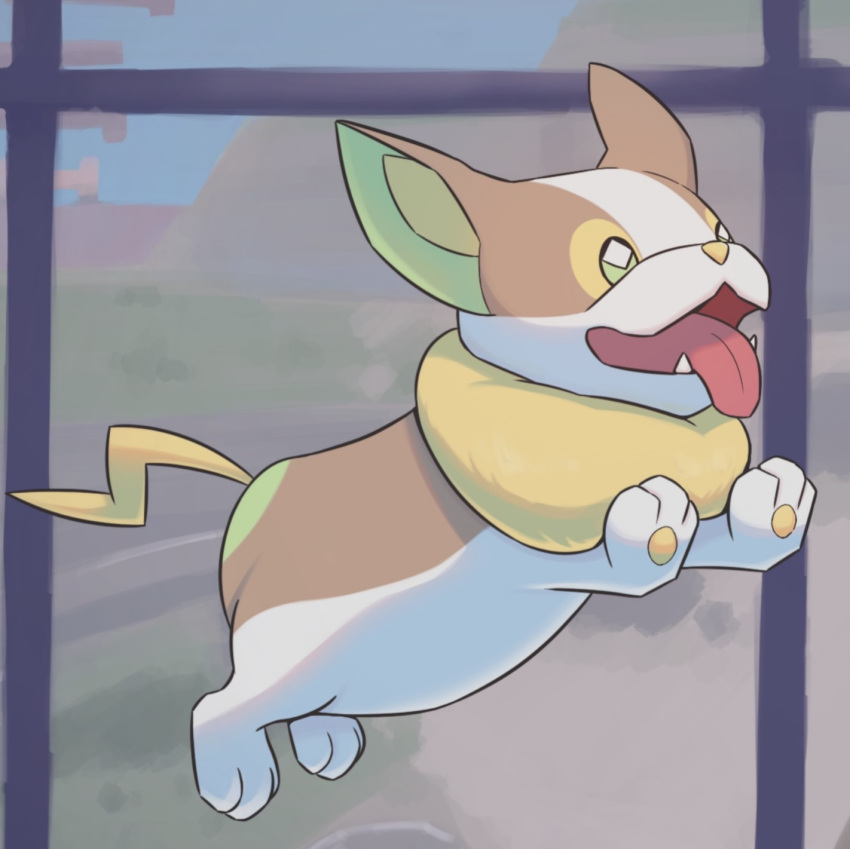 commentary_request fangs full_body green_eyes highres looking_up no_humans open_mouth pokemon pokemon_(creature) ruinai solo toes tongue tongue_out yamper