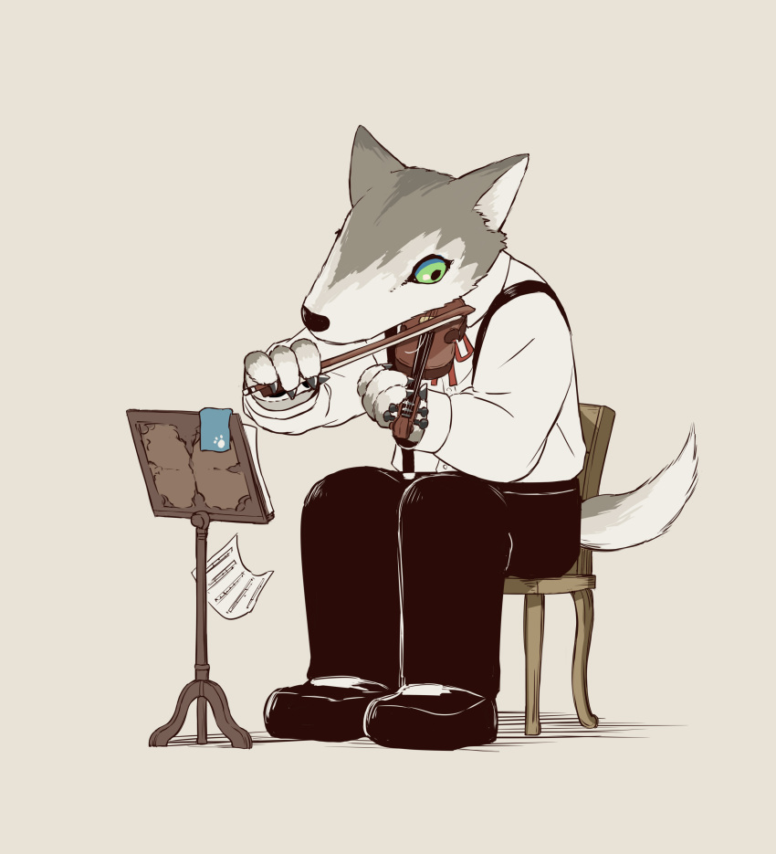 1boy absurdres avogado6 black_footwear black_pants bow_(instrument) furry furry_male green_eyes grey_background highres holding holding_instrument instrument long_sleeves male_focus music on_chair original pants playing_instrument sheet_music shirt shoes simple_background sitting solo suspenders tail violin white_shirt