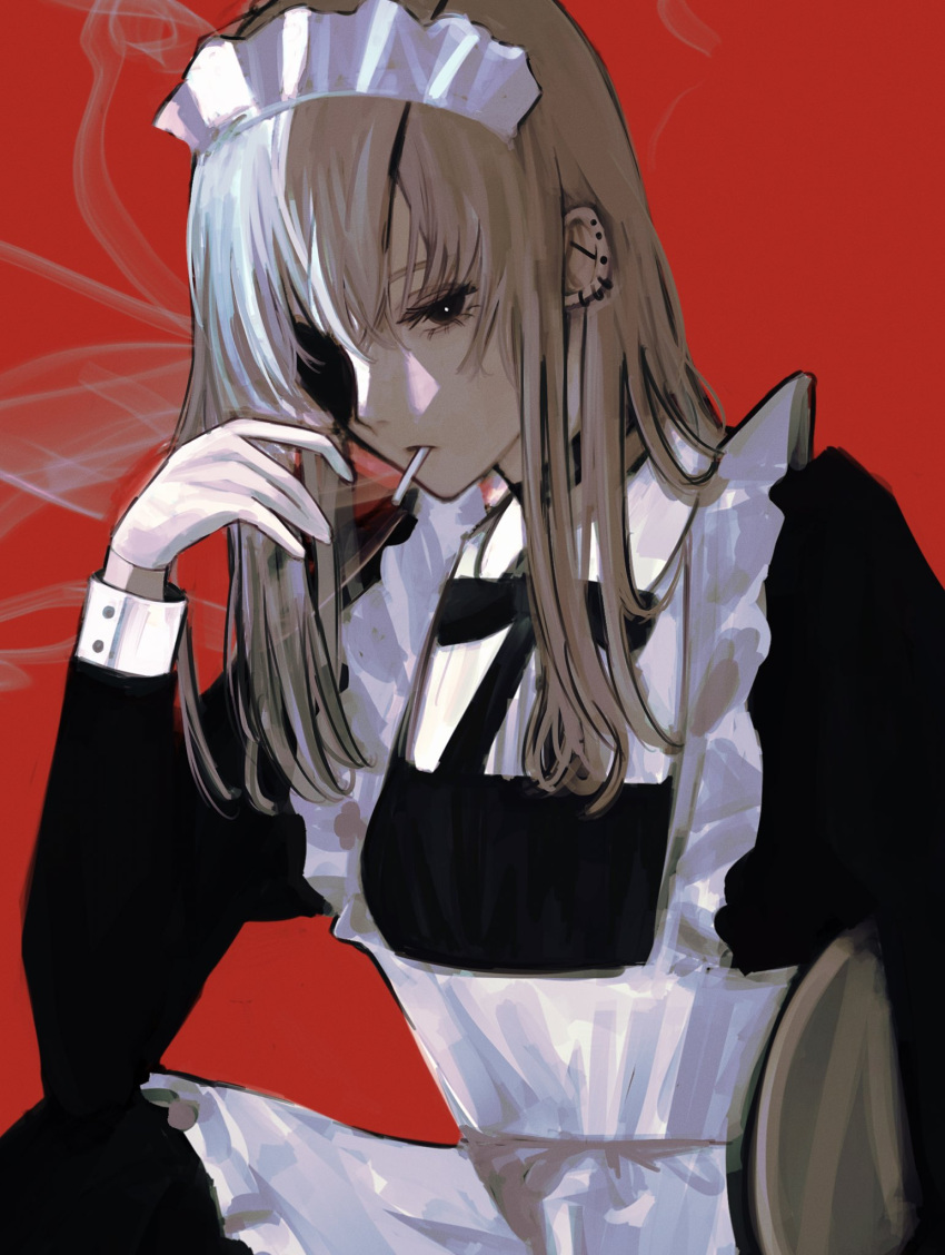 1girl black_bow black_choker black_eyepatch black_eyes bow brown_hair chainsaw_man choker cigarette ear_piercing earrings eyepatch gloves highres jewelry long_hair maid maid_headdress mouth_hold noroma02 piercing plate quanxi_(chainsaw_man) red_background simple_background smoke smoking solo tray white_gloves