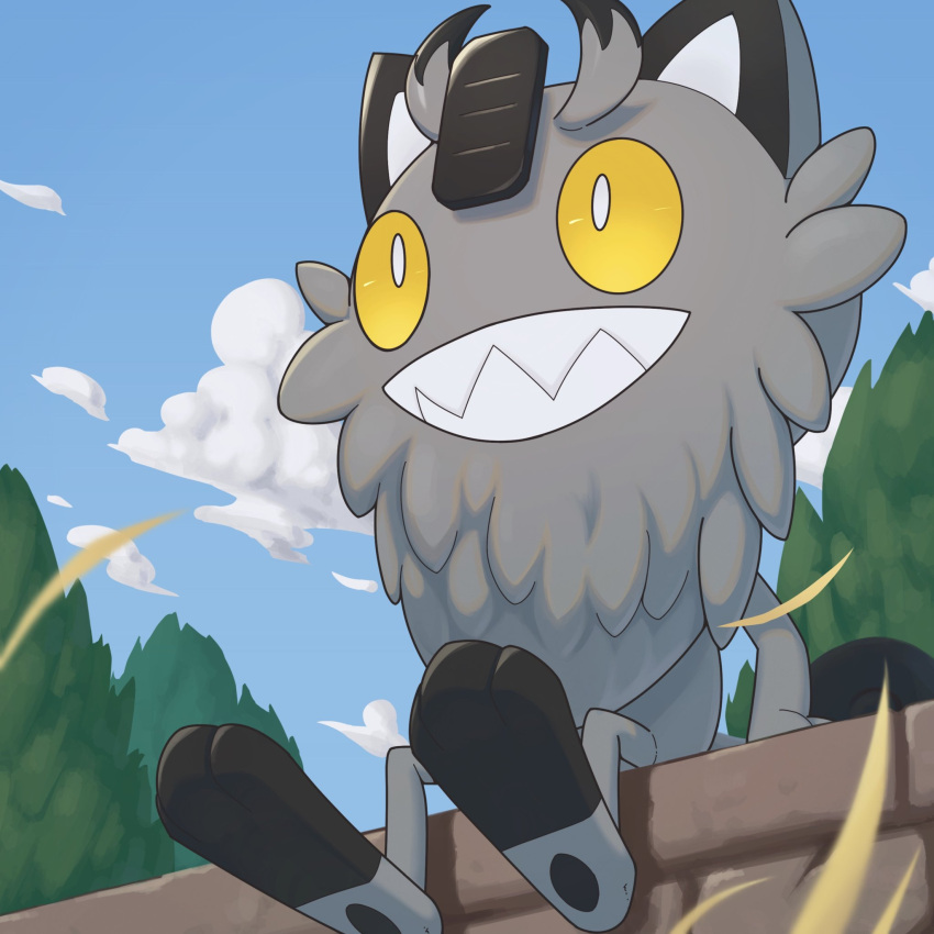 blurry clouds commentary_request day from_below galarian_form galarian_meowth highres leaves_in_wind no_humans outdoors pokemon pokemon_(creature) ruinai sharp_teeth sitting sky solo teeth toes tree