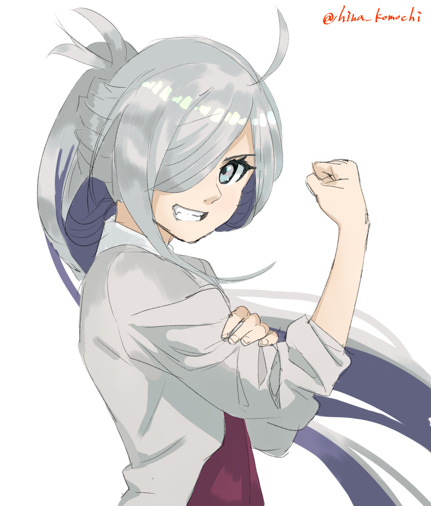 1girl absurdres ahoge asashimo_(kancolle) bangs bras_d'honneur clenched_hand grey_eyes grey_hair grin hair_over_one_eye hand_on_own_arm highres hira_(hinakomochi) kantai_collection long_hair long_sleeves multicolored_hair one-hour_drawing_challenge ponytail silver_hair simple_background sleeves_rolled_up smile solo twitter_username two-tone_hair upper_body we_can_do_it! white_background