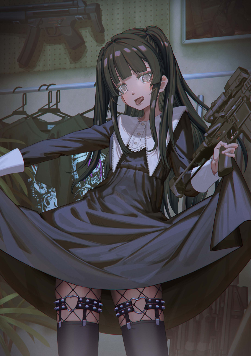 1girl absurdres black_dress black_hair black_legwear black_shirt brown_eyes clothes_hanger commentary_request dress fishnet_legwear fishnets gun h&amp;k_mp5 heart_ring highres hironii_(hirofactory) holding holding_gun holding_weapon indoors long_hair original shirt shirt_removed skirt_hold solo spikes standing submachine_gun tongue tongue_out two_side_up very_long_hair weapon weapon_request