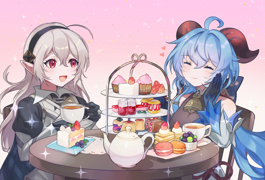 2girls absurdres ahoge armor armored_dress bangs bare_shoulders bell black_gloves black_headband blue_hair blush bow cake cake_slice chair closed_eyes closed_mouth commission corrin_(fire_emblem) corrin_(fire_emblem)_(female) crossover cup cupcake curled_horns dress eating eyebrows_visible_through_hair fire_emblem fire_emblem_fates food fruit ganyu_(genshin_impact) gauntlets genshin_impact gloves goat_horns grey_hair hair_between_eyes hair_bow hand_on_own_cheek hand_on_own_face headband heart highres holding holding_cup horns juliet_sleeves lips long_hair long_sleeves looking_at_another macaron manakete multiple_girls neck_bell open_mouth pink_lips pointy_ears ponytail pudding puffy_sleeves red_eyes red_horns sidelocks sitting smile strawberry symbol-only_commentary table teacup teapot very_long_hair wide_sleeves yasaikakiage