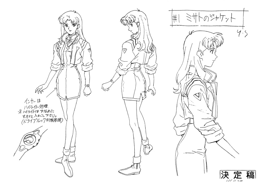 1girl absurdres bangs character_name character_sheet cowboy_shot cropped_jacket cross cross_necklace full_body greyscale highres jewelry katsuragi_misato long_hair monochrome multiple_views necklace neon_genesis_evangelion official_art production_art profile turnaround