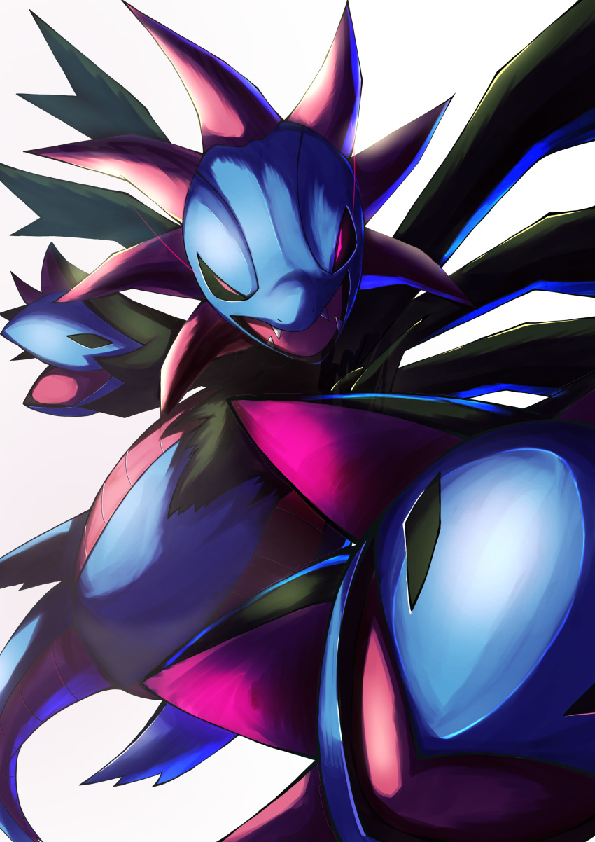 absurdres commentary_request fangs glowing glowing_eyes highres hydreigon light_trail looking_at_viewer multiple_heads no_humans open_mouth pokemon pokemon_(creature) ririri_(user_rkrv7838) simple_background solo tongue violet_eyes white_background