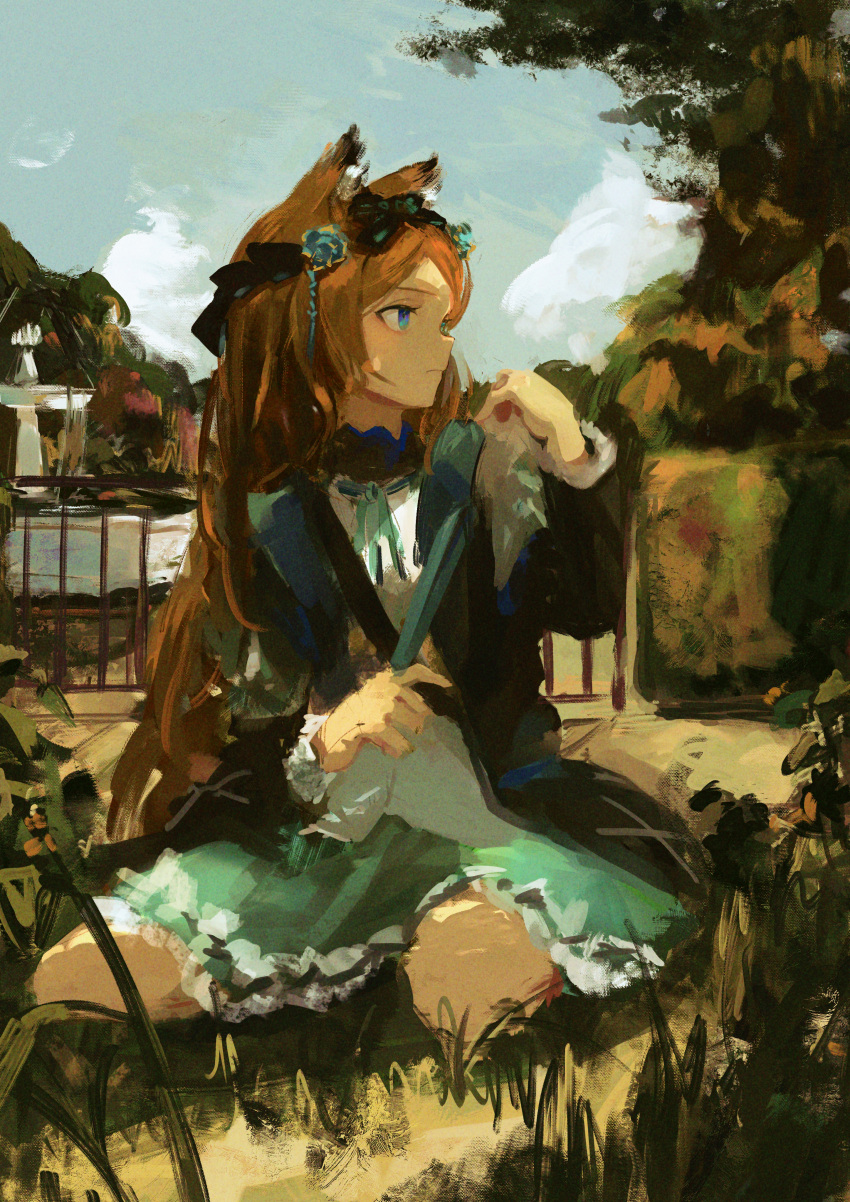 1girl 7ife absurdres animal_ears arknights black_jacket black_ribbon blue_dress blue_eyes blue_sky brown_hair cat_ears closed_mouth clouds commentary day dress english_commentary grass hair_ribbon highres huge_filesize iris_(arknights) jacket long_hair long_sleeves looking_away looking_to_the_side outdoors profile ribbon shoulder_strap sitting sky solo wariza