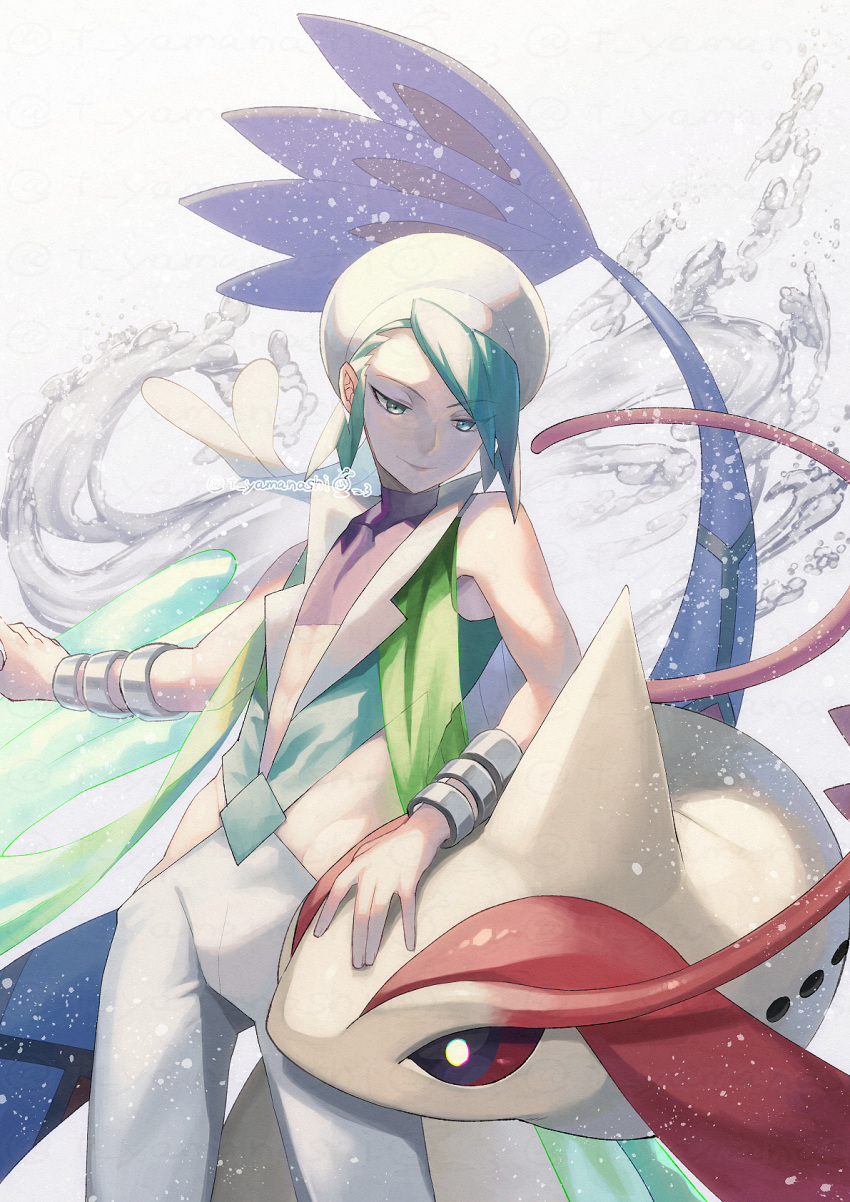 1boy aqua_vest bangle bracelet capelet closed_mouth commentary_request crop_top green_eyes green_hair hat headpat highres jewelry looking_down male_focus milotic pants pokemon pokemon_(creature) pokemon_(game) pokemon_oras purple_shirt shirt skin_tight sleeveless sleeveless_shirt smile solo wallace_(pokemon) water water_drop white_capelet white_headwear white_pants yamanashi_taiki