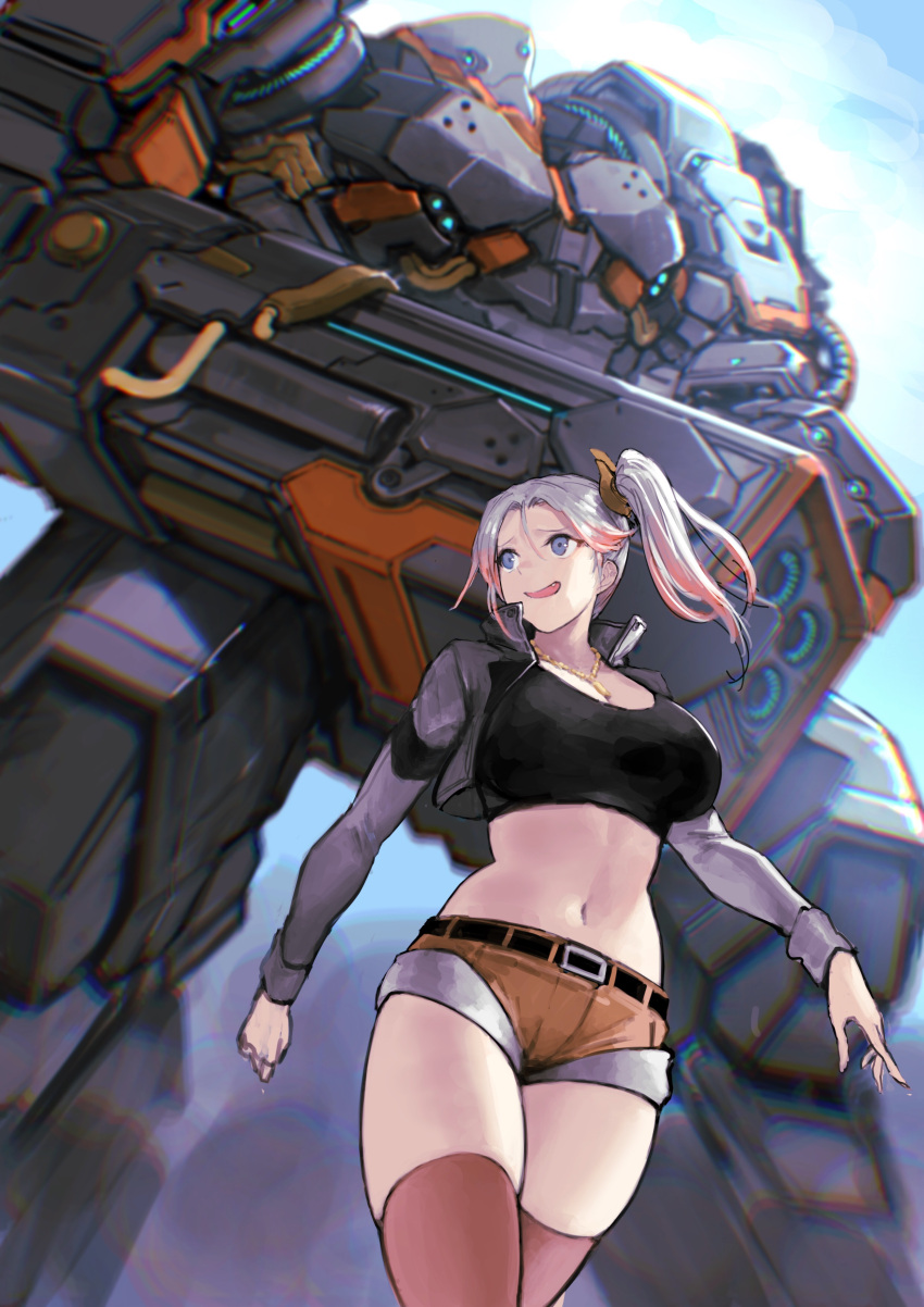 1girl absurdres bangs belt black_belt black_shirt breasts brown_shorts bustier cannon cropped_jacket fang final_gear from_below gradient_hair grey_jacket hair_between_eyes highres jacket jewelry large_breasts long_hair long_sleeves looking_at_another mecha midriff multicolored_hair navel necklace open_clothes open_jacket open_mouth parted_bangs pink_hair pink_legwear procreate_(medium) rowkiba shirt short_shorts shorts side_ponytail silver_hair smile solo solveig_(final_gear) stomach thigh-highs thighs weapon