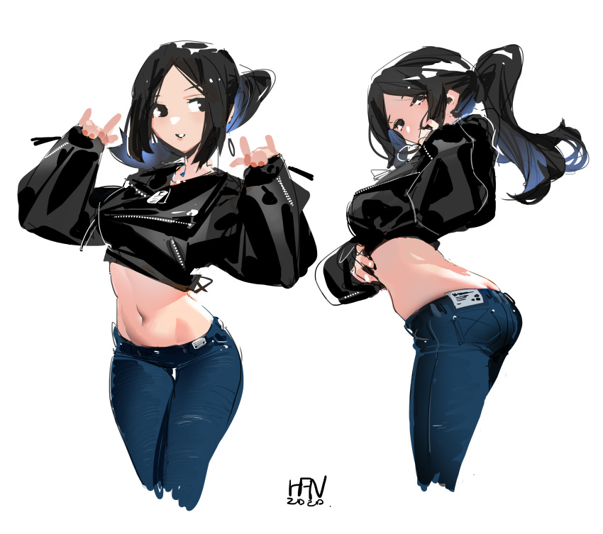1girl absurdres ass black_eyes black_hair black_jacket closed_mouth dated denim exhibitionism fingernails han-0v0 highres jacket jeans long_hair midriff multicolored multicolored_hair multiple_views navel original pants parted_lips ponytail signature simple_background sketch sleeves_past_wrists white_background zipper zipper_pull_tab