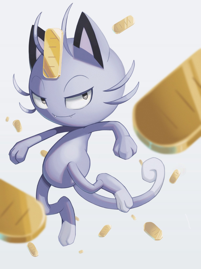 alolan_form alolan_meowth blurry closed_mouth coin commentary_request fangs fangs_out grey_eyes highres no_humans pokemon pokemon_(creature) ruinai smile solo toes white_background