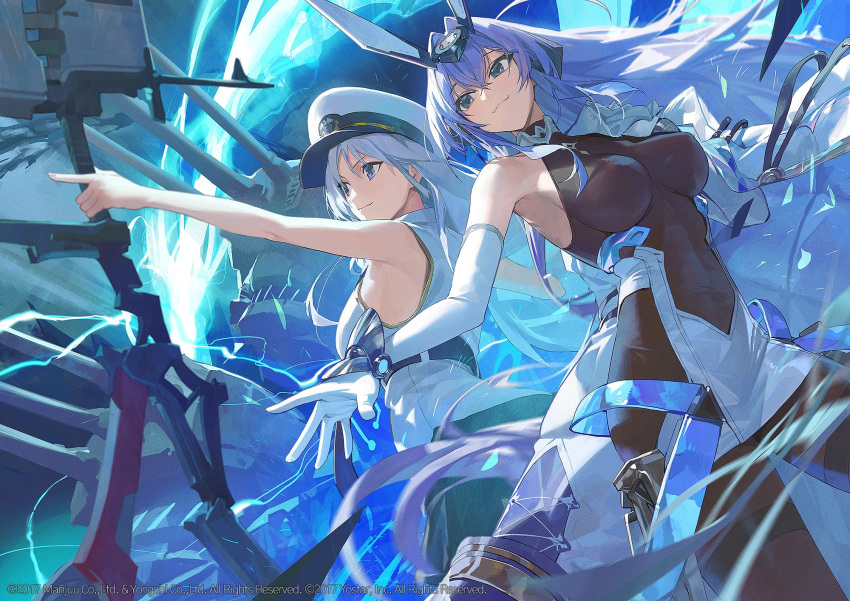 2girls :3 aiming armpits azur_lane bangs bare_arms bare_shoulders blue_eyes blue_hair bodystocking bow_(weapon) breasts closed_mouth covered_navel elbow_gloves electricity enterprise_(azur_lane) eyebrows_visible_through_hair from_below gloves hat headgear highres holding holding_bow_(weapon) holding_weapon large_breasts long_hair mossi multiple_girls new_jersey_(azur_lane) official_art peaked_cap shirt silver_hair skirt sleeveless sleeveless_shirt smile turret very_long_hair violet_eyes weapon white_gloves white_headwear white_shirt white_skirt wrist_guards