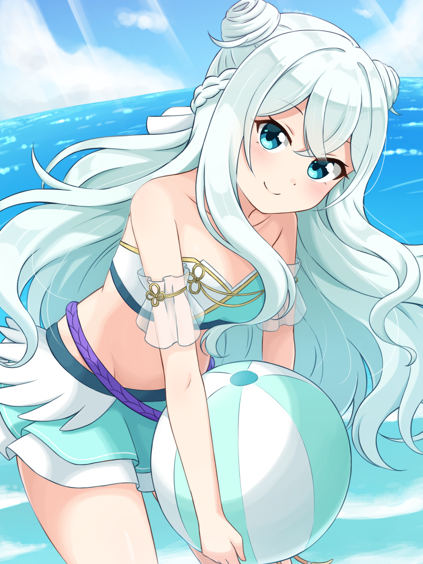 1girl absurdres aqua_hair ball bangs bare_shoulders beachball blue_eyes blue_sky braid clouds collarbone commentary crop_top crown_braid day double_bun hair_between_eyes highres leaning_forward long_hair looking_at_viewer midriff outdoors shiraha_maru shirahane_urumi sidelocks skirt sky smile solo very_long_hair virtual_youtuber water wavy_hair